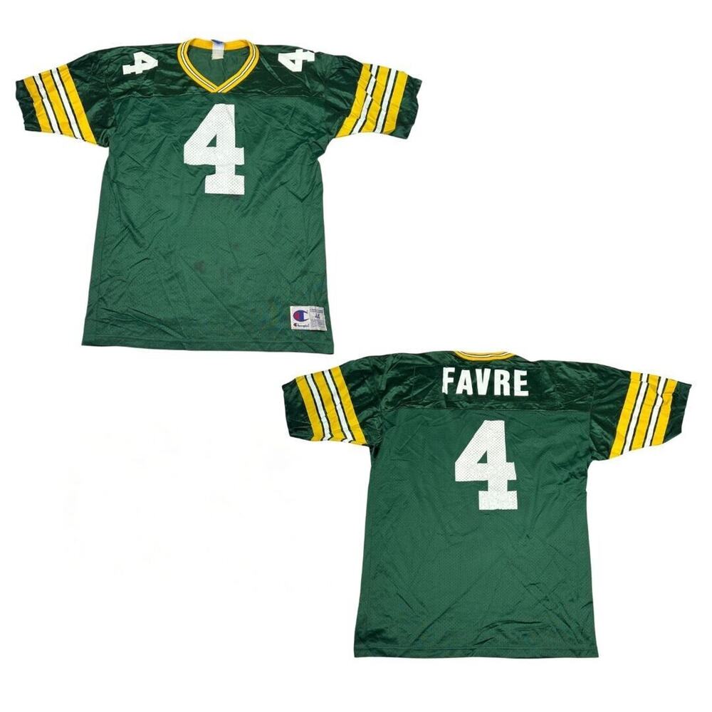 Champion VTG 90s Brett Farve Green Packers 4 Football Jersey FLAW Green 44 Large